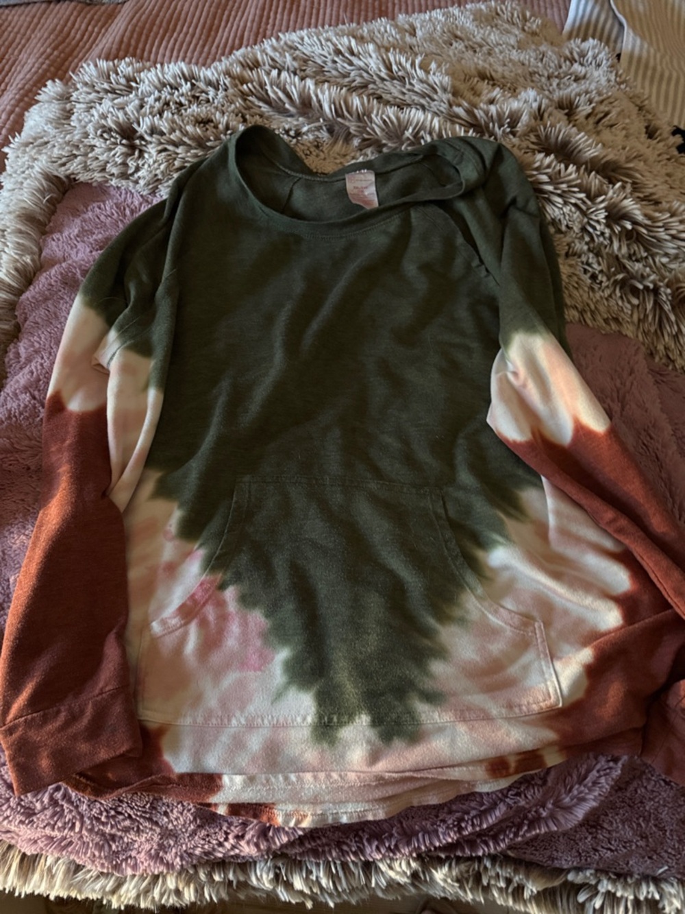 No Boundaries Olive Green and Rust Tie-Dye Pullover Sweater